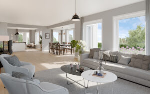 Bilde i 3D fra stue og kjøkken på husmodellen Vindafjord fra Berge Hus